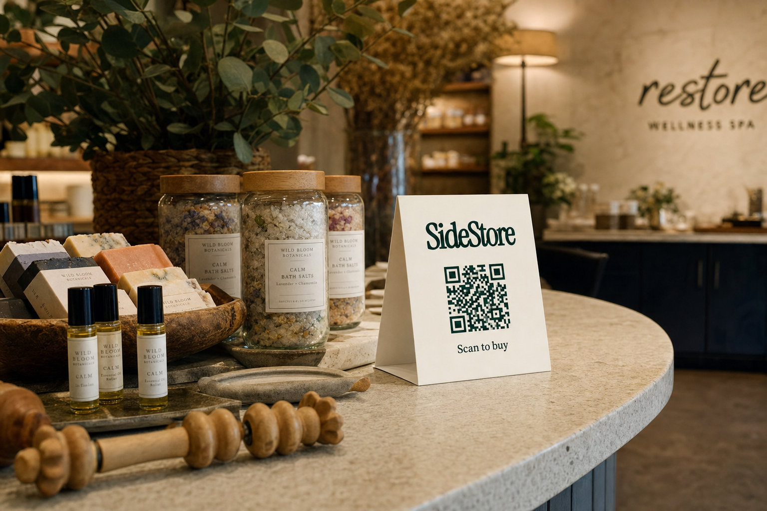 A spa retail counter displays bath salts in glass jars, small bottles of oil, bars of soap, wooden massage tools, and a white tent card with a SideStore QR code