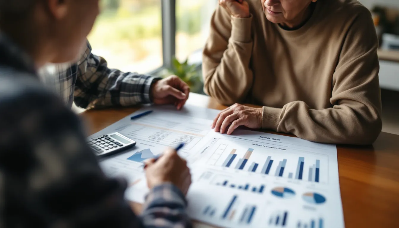 Two people review financial charts and graphs on a table with a calculator nearby