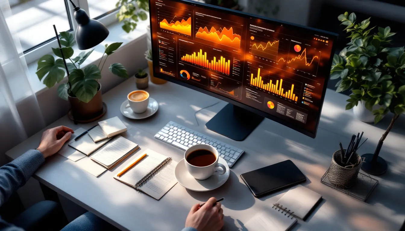 Overhead view of a workspace showing computer analytics dashboards with scattered notes and coffee, representing the step-by-step process of AI content creation
