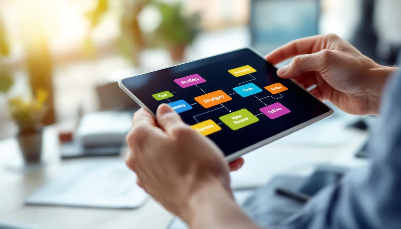 Hands holding a tablet with strategy options and flowcharts displayed, representing the process of choosing the right AI content approach for business needs