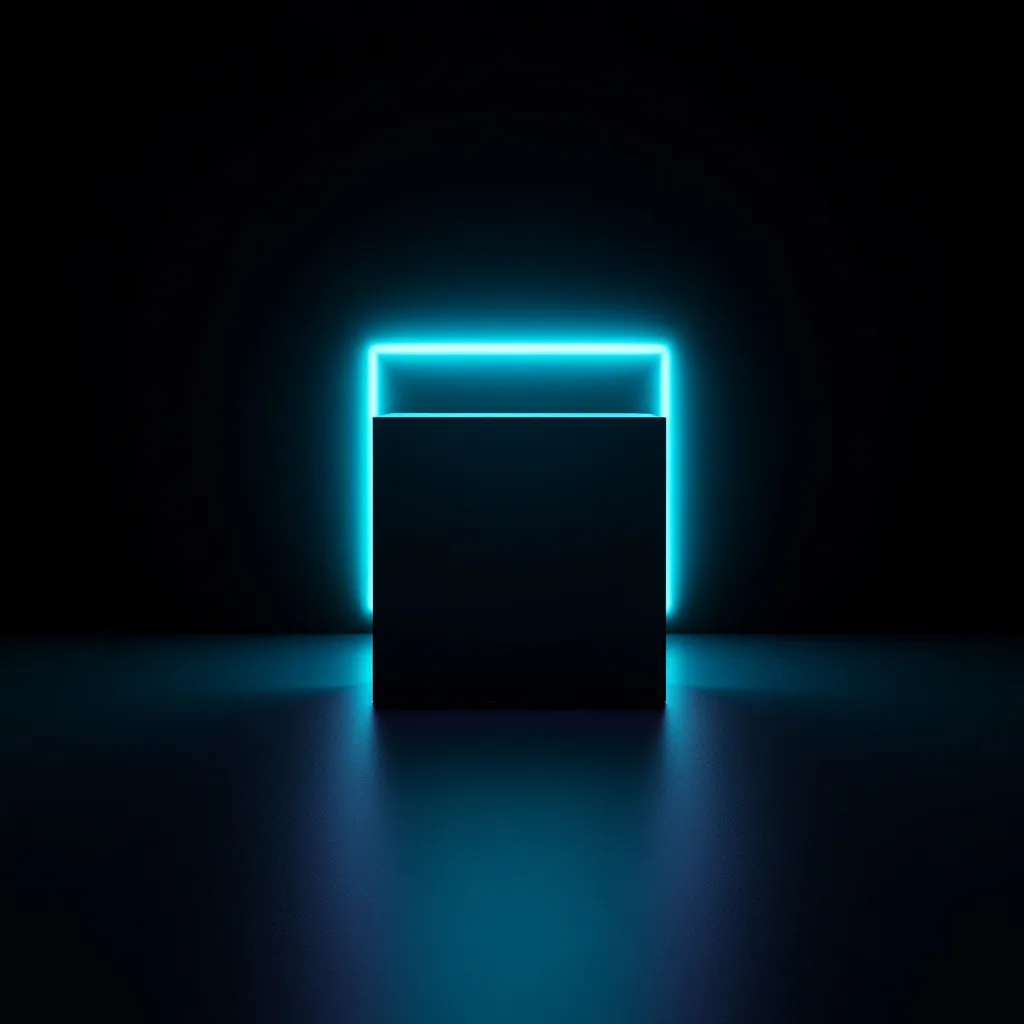 A glowing cyan neon rectangle outline surrounds a dark rectangular box on a reflective dark surface