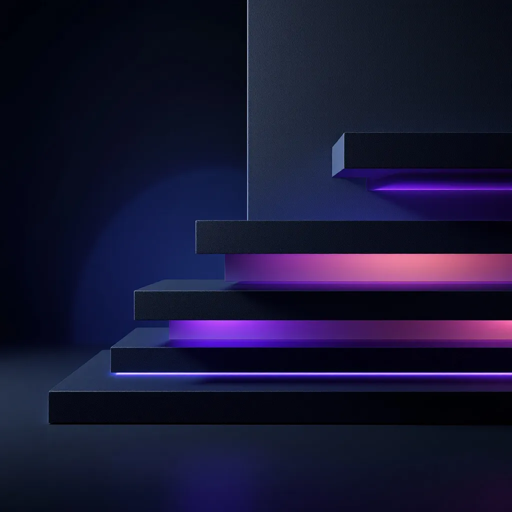 Stacked black rectangular platforms with glowing neon purple and pink gradient underlighting against a dark blue background