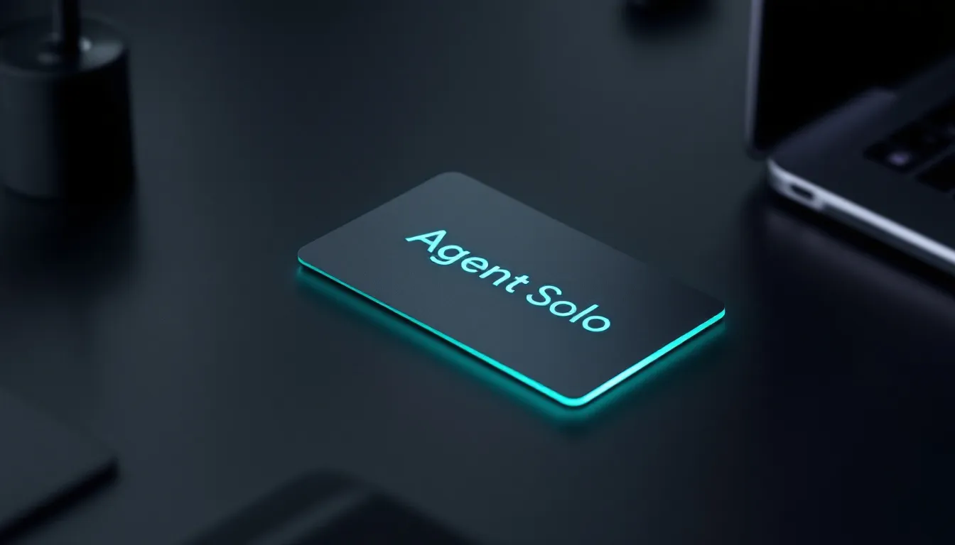A dark rectangular card with glowing turquoise edges displays the text Agent Solo in neon blue lettering on a desk surrounded by blurred tech