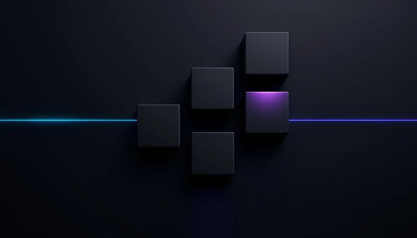 A dark 3D scene with five black cubes arranged in a staggered pattern, one purple cube highlighted among them, and glowing cyan and blue lines