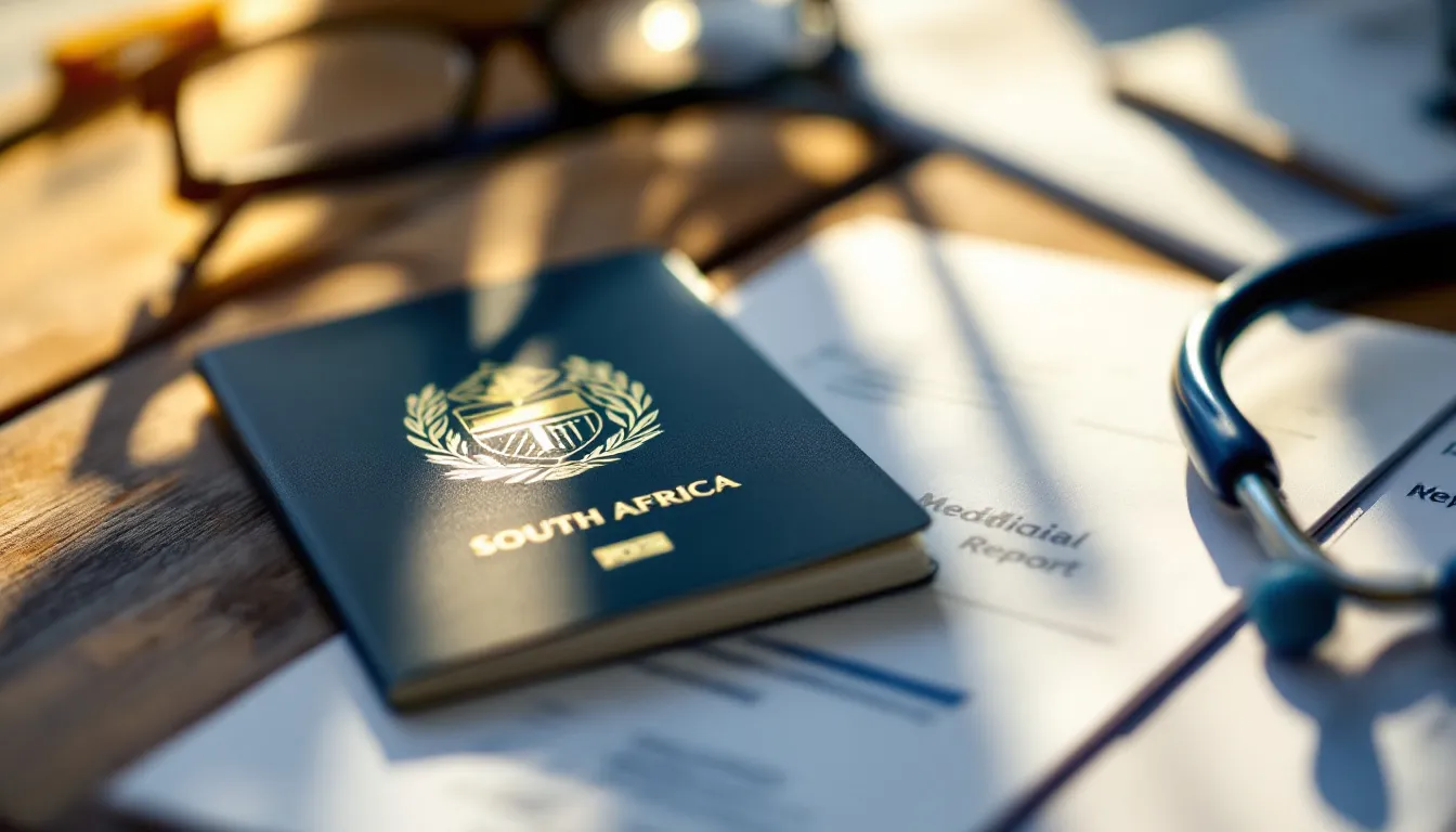South African passport with medical documents and travel paperwork on a desk showing currency exchange rates