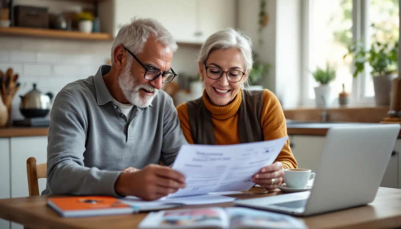 Retired couple reviewing travel insurance policy documents at home with a map of Europe on the table