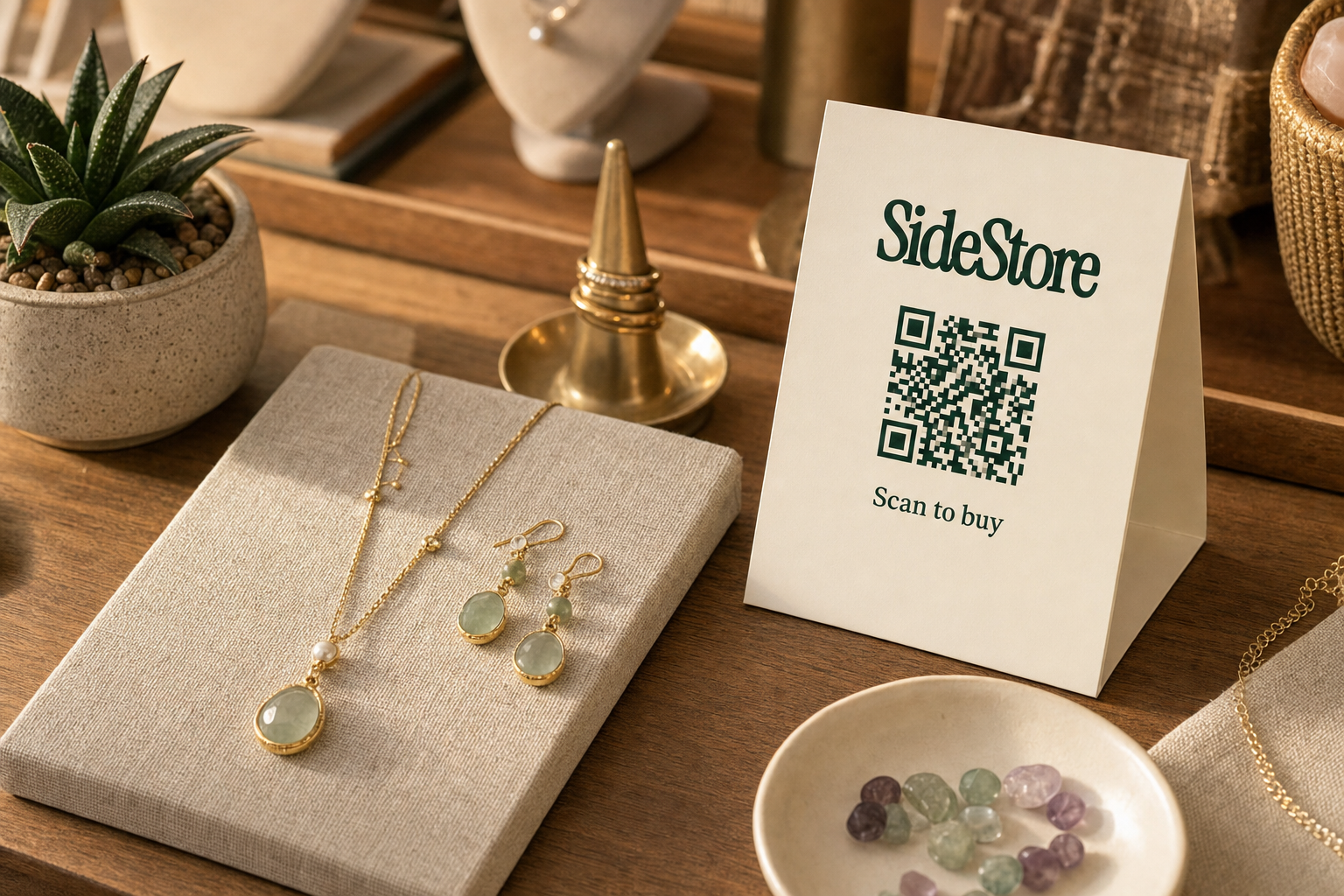 A wooden display table shows gold jewelry with green stone pendants on a beige fabric pad, a white tent card with 