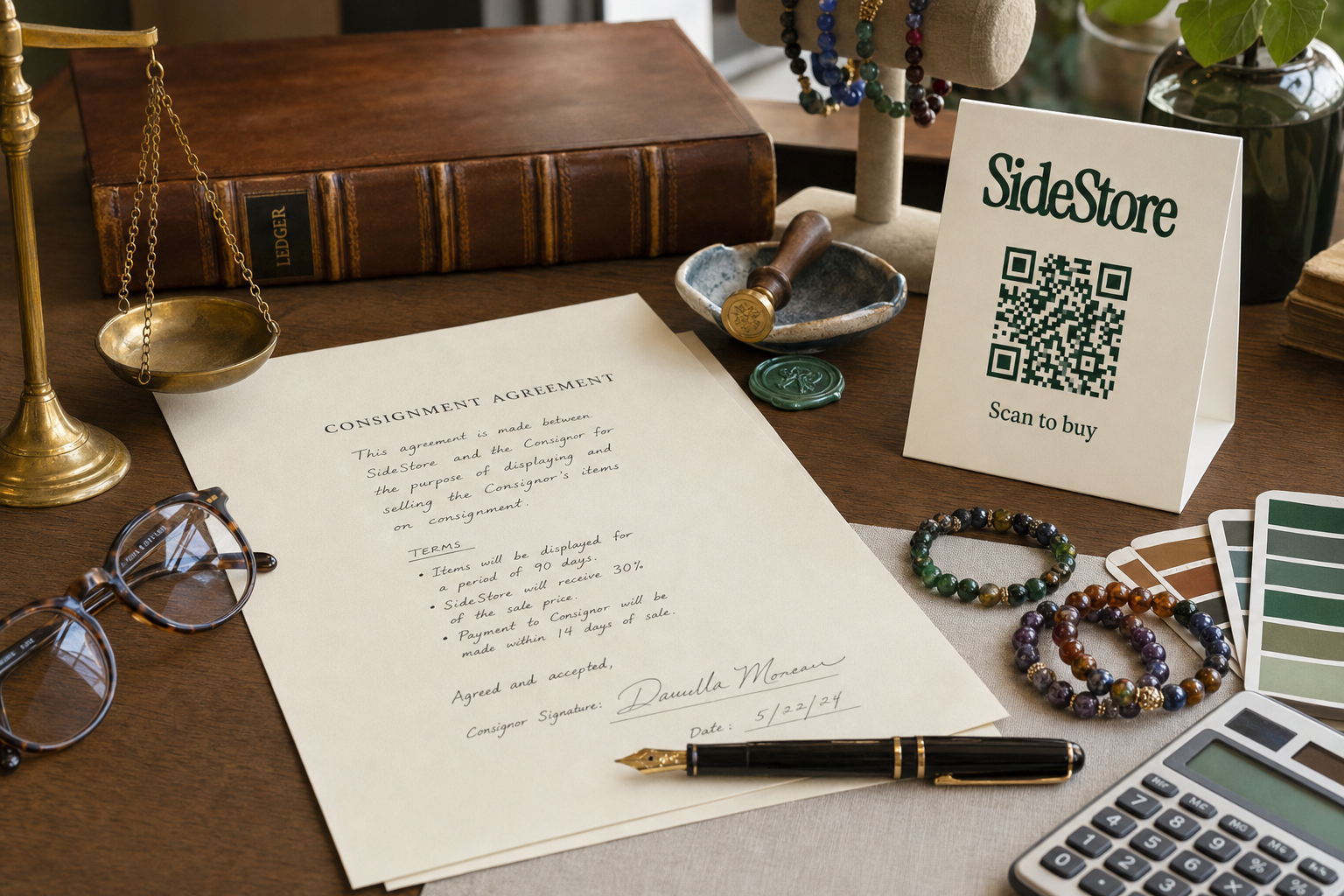 A wooden desk displays a consignment agreement document, beaded bracelets, vintage eyeglasses, a brass scale, a SideStore promotional card w