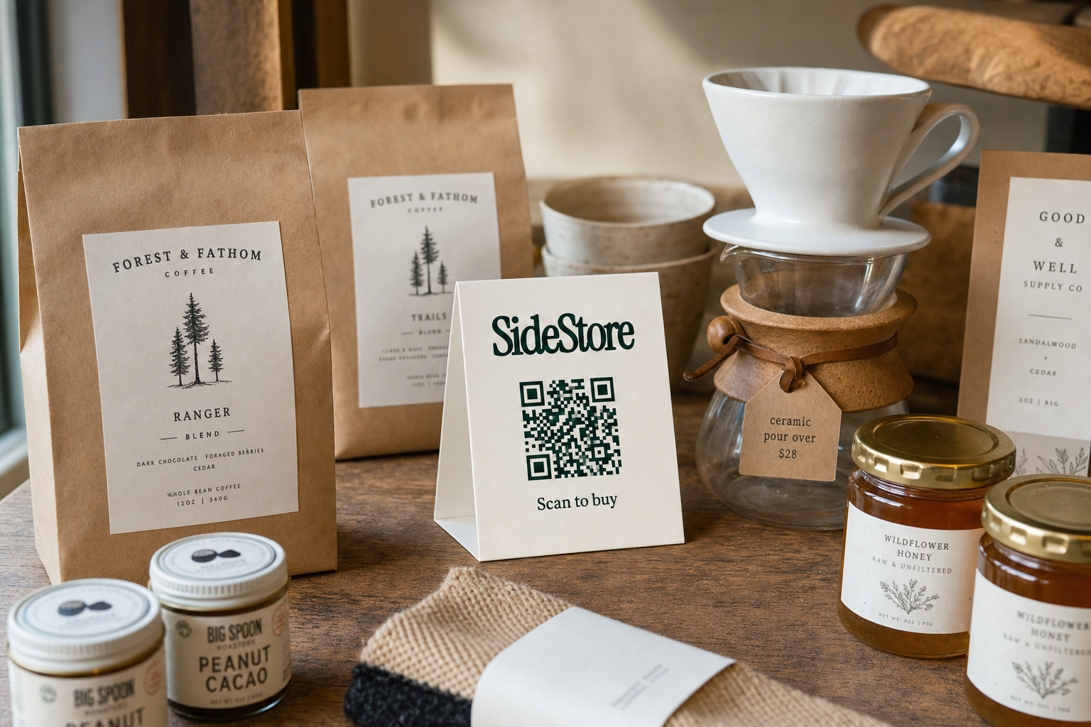 A wooden table displays various artisanal products including kraft paper coffee bags labeled Forest & Fathom, a white card with SideStore QR