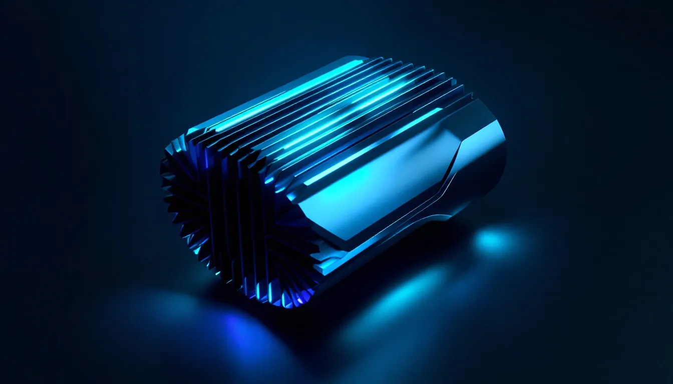 Processeur informatique ou dissipateur thermique bleu lumineux avec des ailettes parallèles sur fond sombre