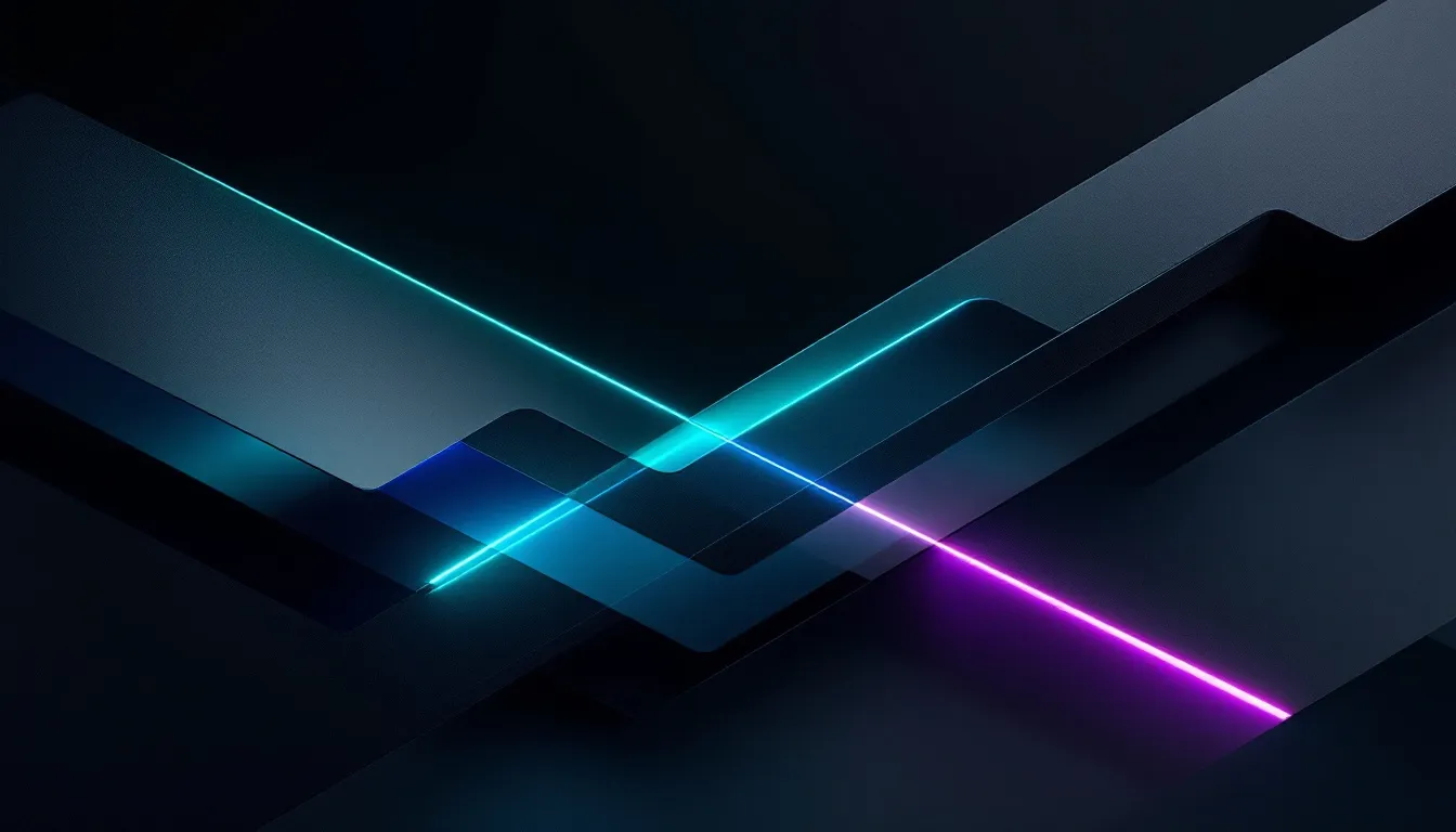 Rubans diagonaux qui se superposent avec des lignes néon brillantes en cyan et magenta sur fond sombre