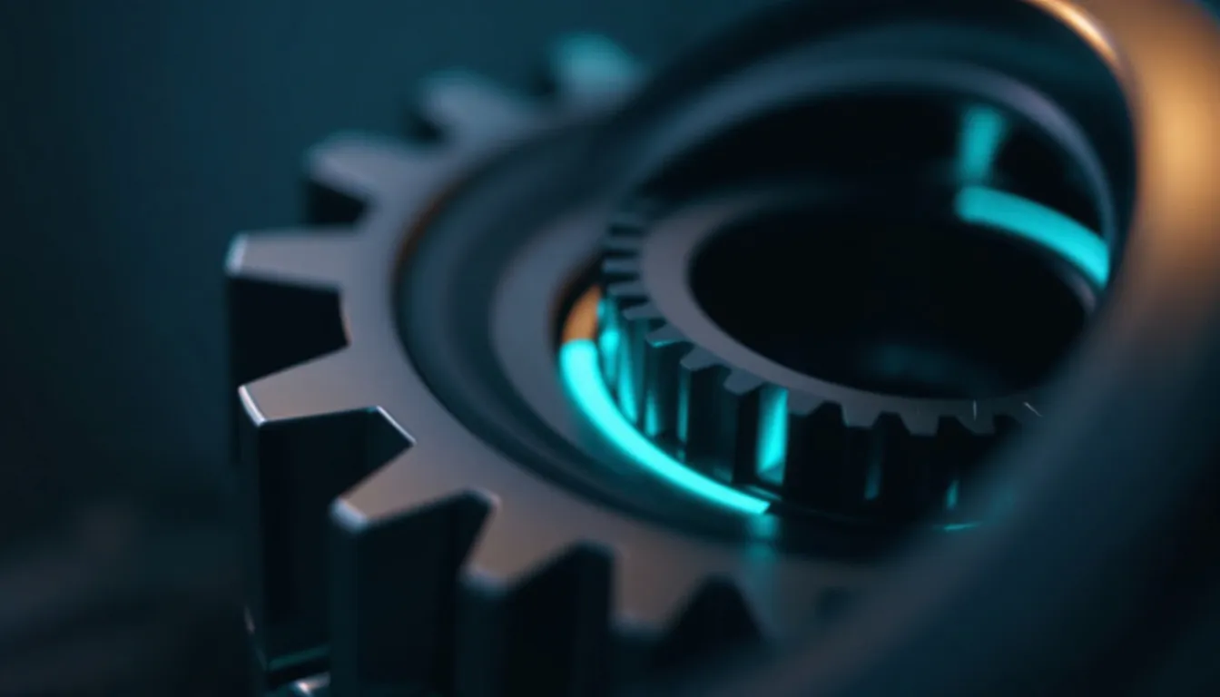 Engrenages métalliques entrelacés avec des accents cyan lumineux sur fond sombre