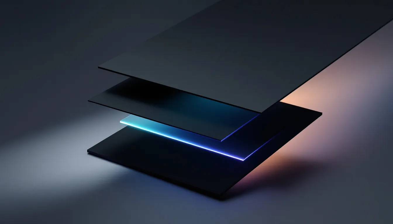 Panneaux rectangulaires noirs empilés avec un liseré bleu lumineux et un éclairage chaud projetant des ombres sur fond sombre