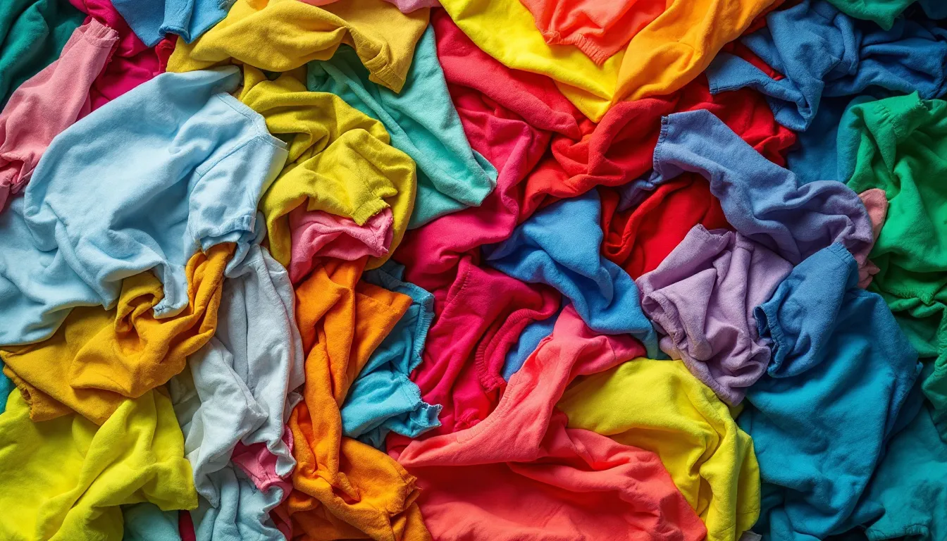 A pile of crumpled colorful clothing in bright shades of yellow, red, blue, pink, purple, orange, and green