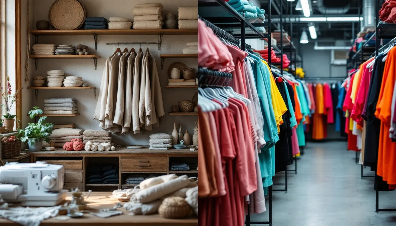 A split image showing a neatly organized home storage area with folded linens and neutral-toned clothing on the left, and a crowded retail r