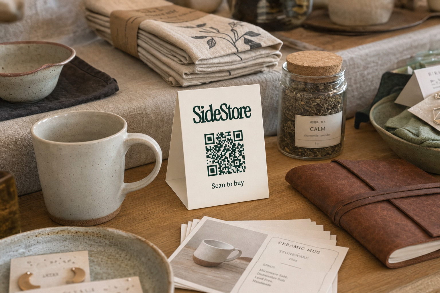 A wooden table displays SideStore branded products including a ceramic mug, herbal tea jar labeled 