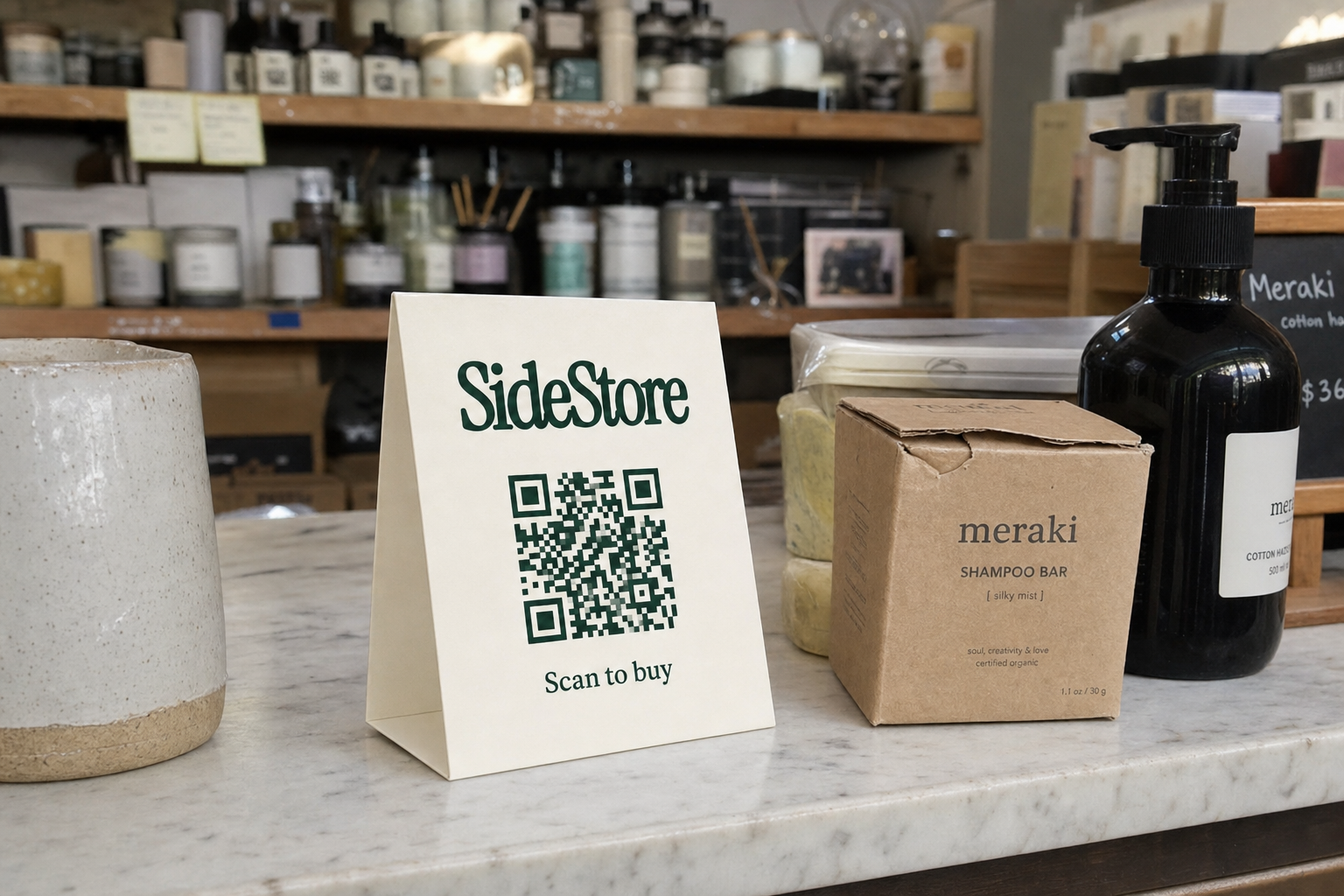 A retail counter displays a SideStore QR code sign next to a Meraki shampoo bar box and black pump bottle, with shelves of beauty and home products