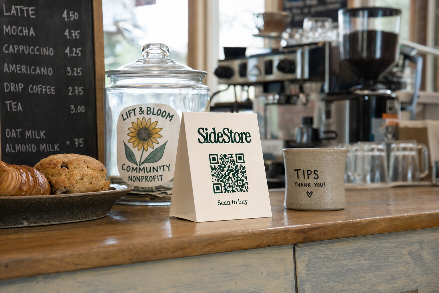 SideStore tent card on nonprofit coffee shop counter surrounded by pastries, donation jar, and tip cup
