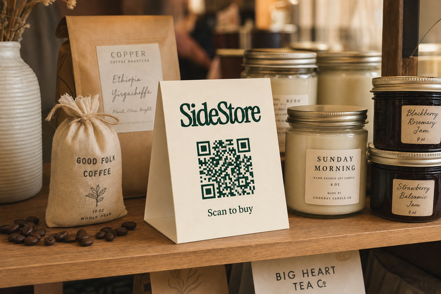 SideStore tent card on nonprofit cafe shelf with consignment local artisan products including candles, jams, and packaged goods
