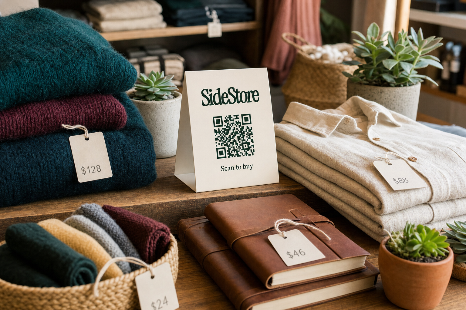 A retail display showing folded sweaters and a leather journal with price tags, potted succulents, and a SideStore sign with a QR code that
