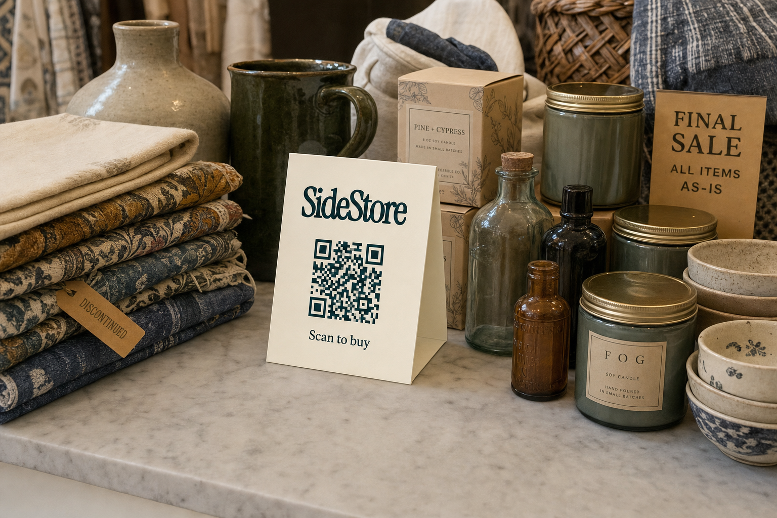 A marble display table shows folded patterned textiles, ceramic vessels, glass bottles, soy candles with labels, and a SideStore QR code sig