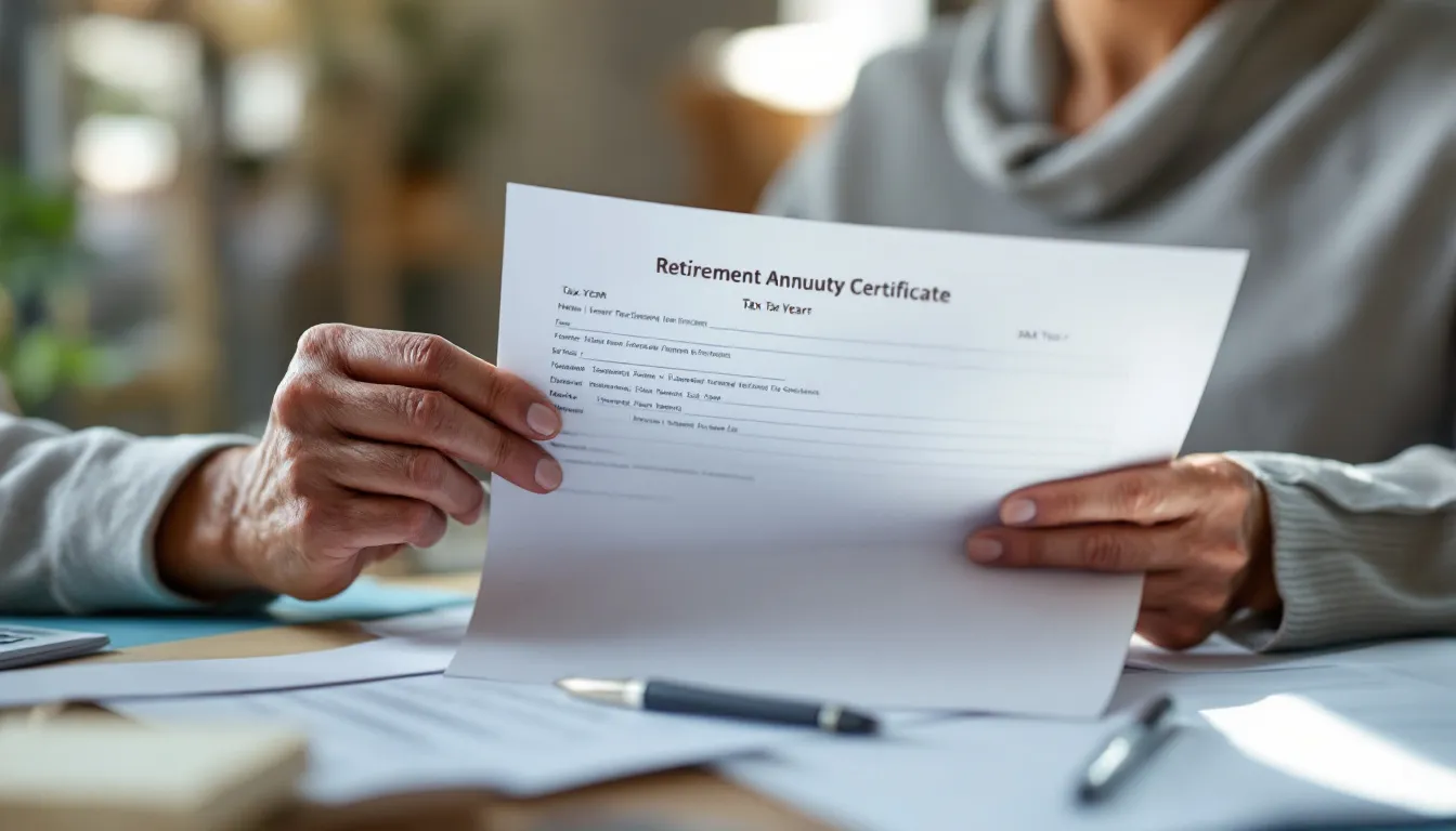 A person holding a Retirement Annuity Certificate document at a desk with papers and a pen