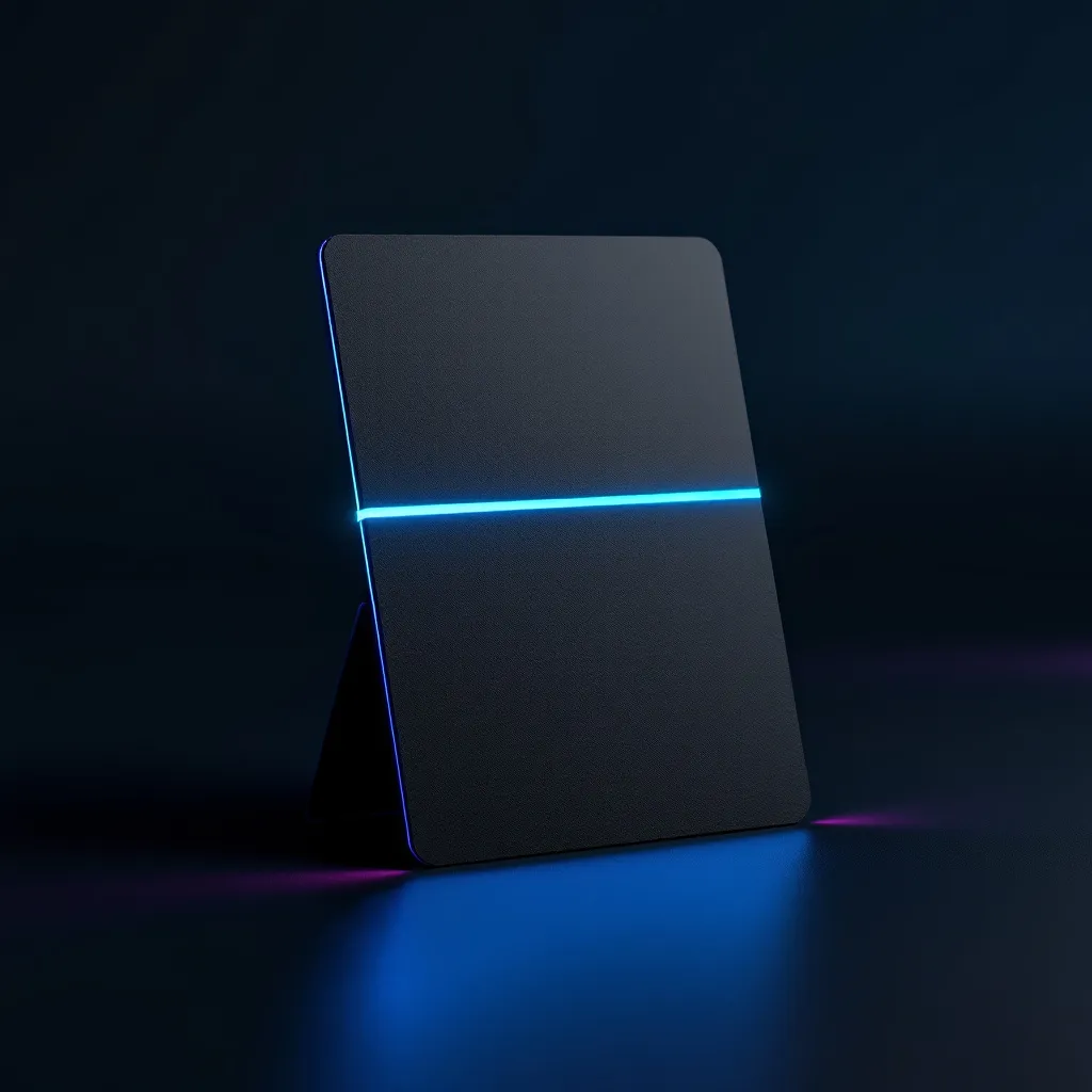 A dark rectangular tablet or device with glowing cyan and blue neon lines along its edges, standing upright against a dark background