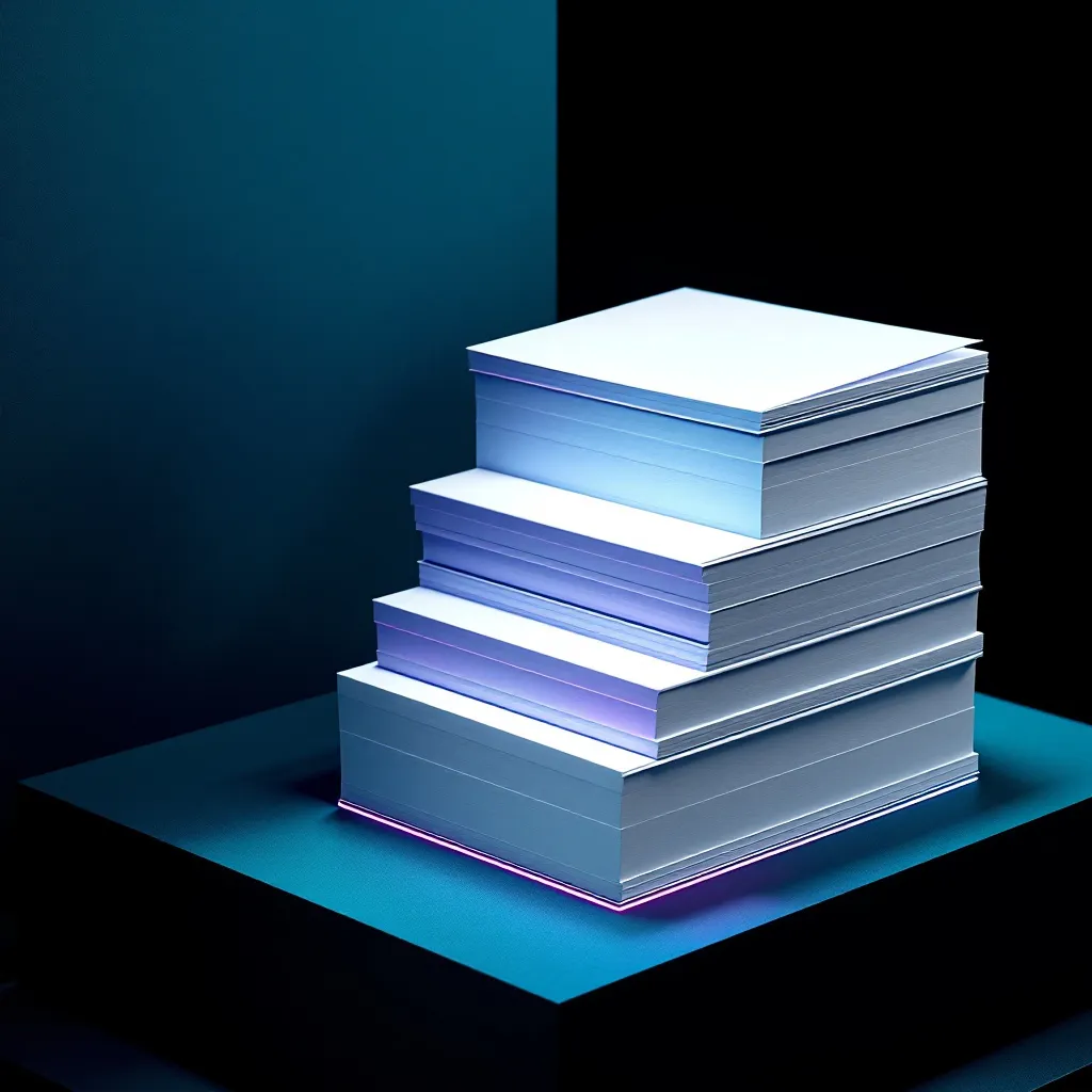 A stack of five books with white pages and blue-tinted spines glowing with purple and blue light against a dark background