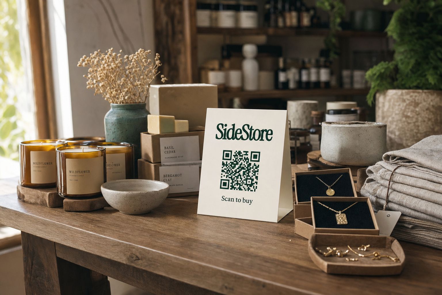 A wooden table displays a SideStore promotional sign with a QR code next to candles, jewelry boxes, folded linens, dried flowers in a vase,