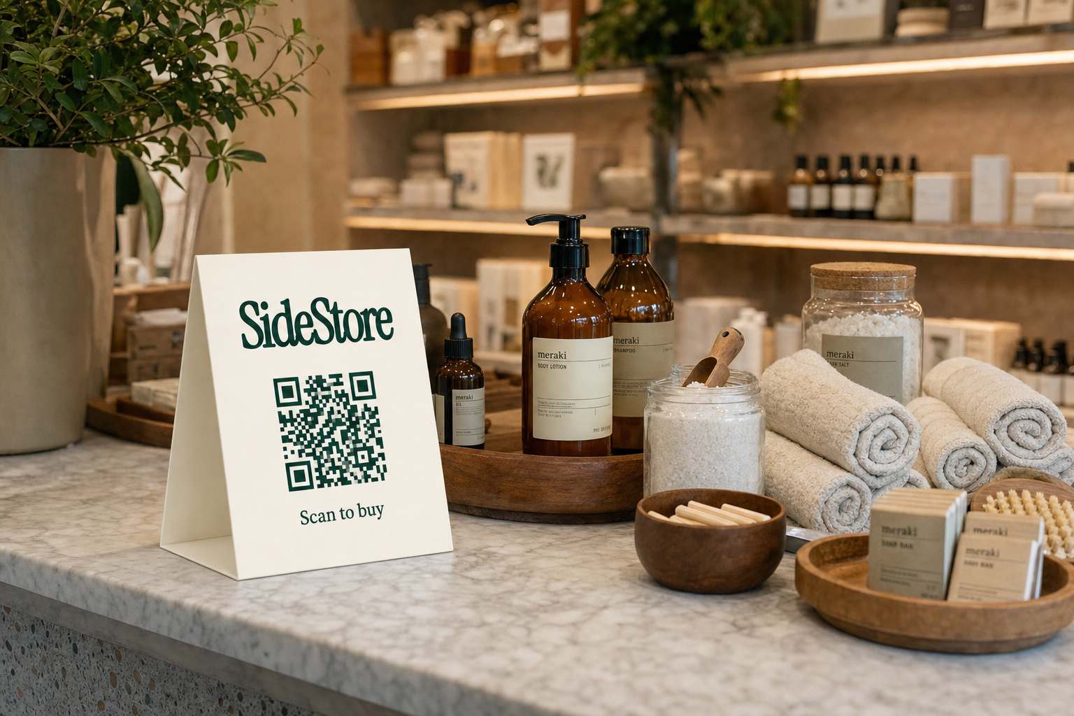 A marble countertop displays a SideStore QR code sign next to amber bottles of meraki products, rolled towels, wooden bowls with soap and br