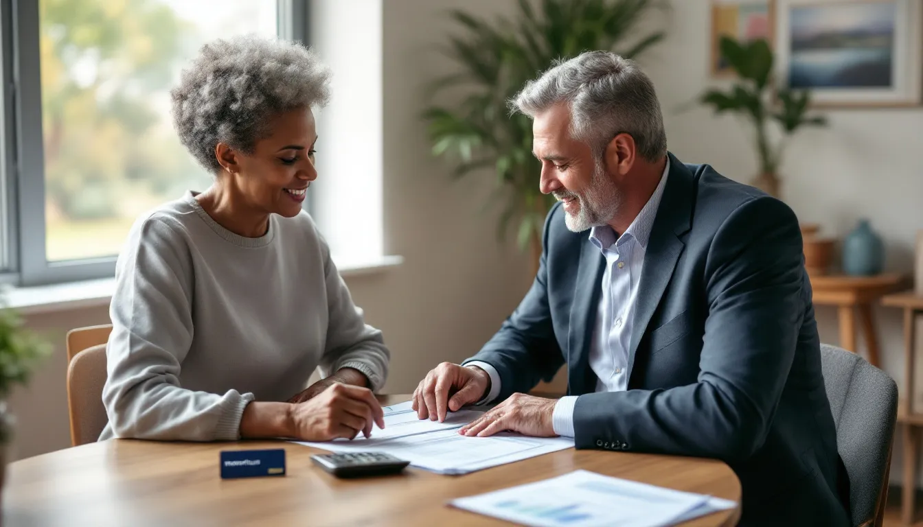 Two people reviewing financial documents at a wooden table in a bright office