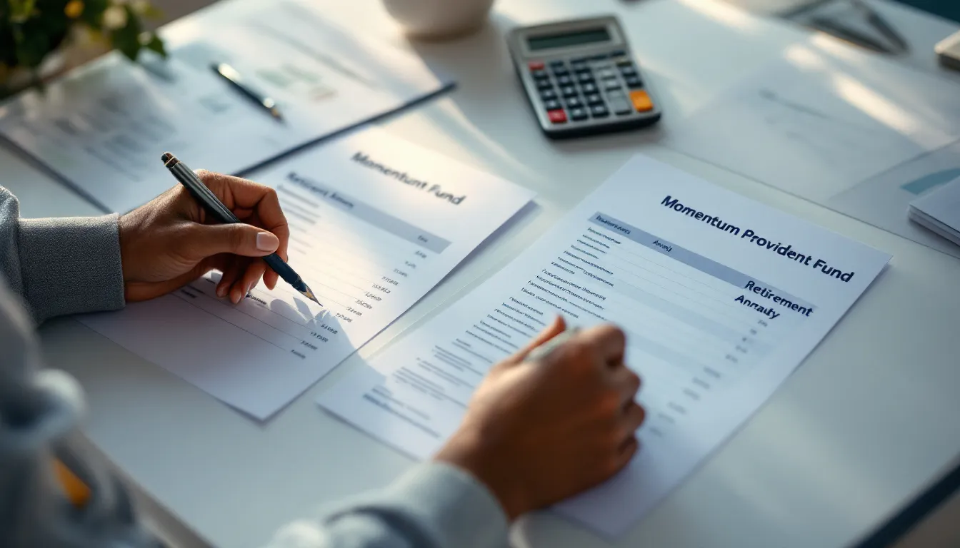 Financial documents labeled Momentum Provident Fund and Retirement Annuity on a desk with calculator