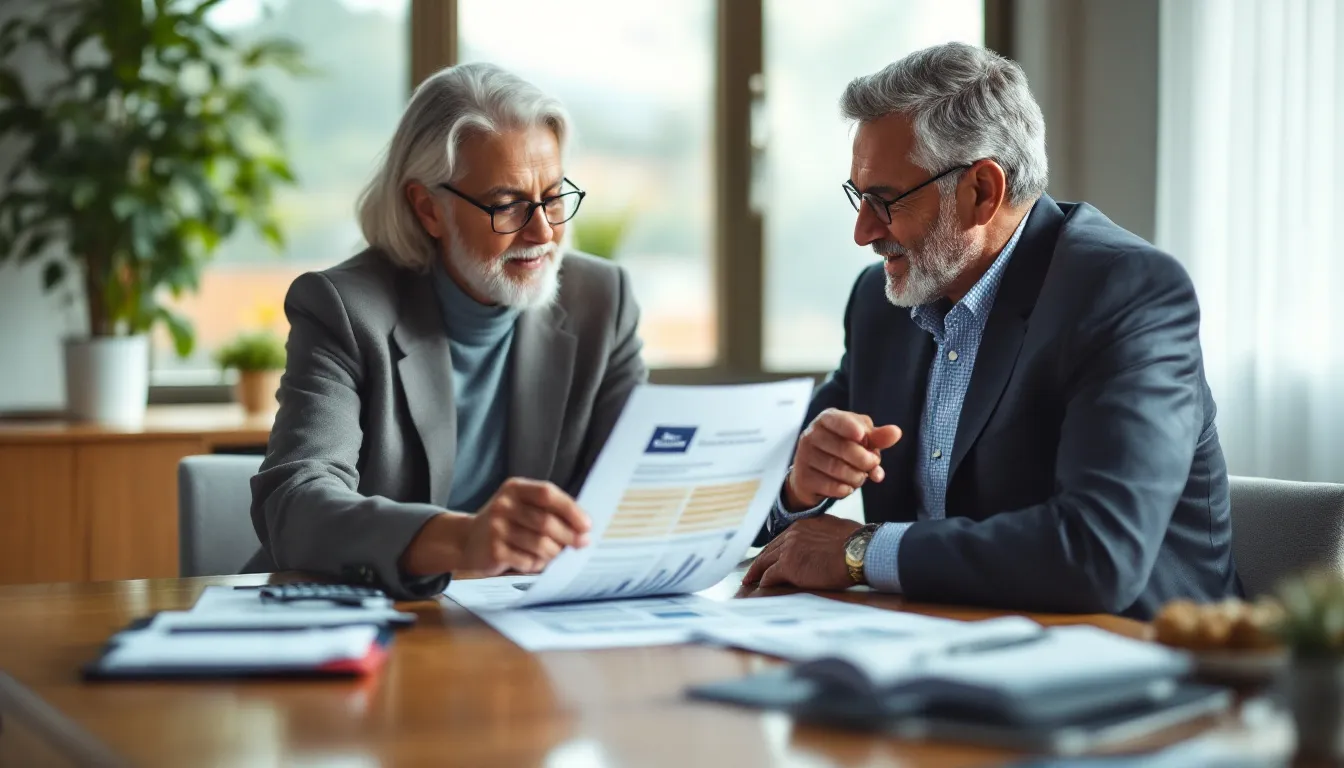 Two men in business attire review financial documents together at a wooden desk in a bright office with windows overlooking a landscape