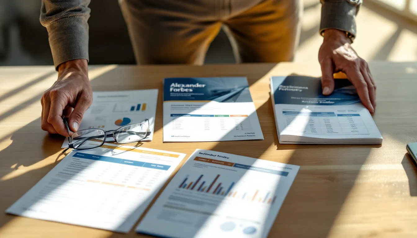 A person in business casual clothing reviews multiple financial documents and charts spread across a wooden table, with eyeglasses placed nearby
