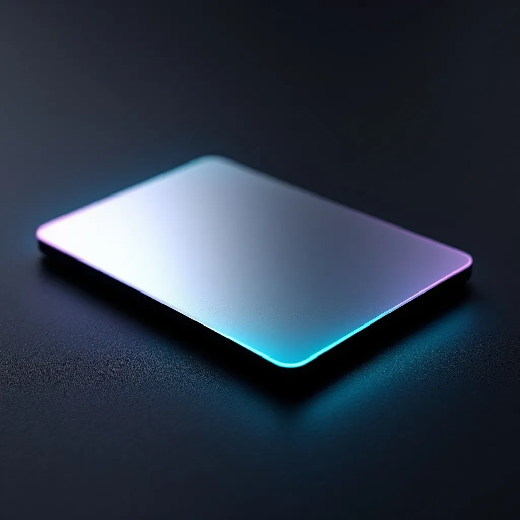 A glowing rectangular tablet with a gradient surface transitioning from white at the top to cyan blue at the bottom, positioned on a dark su