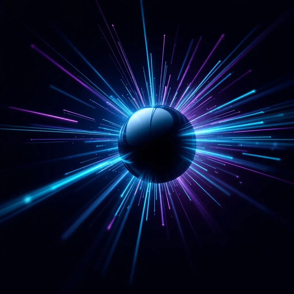 A glowing sphere surrounded by radiating blue and purple light rays extending outward against a dark background