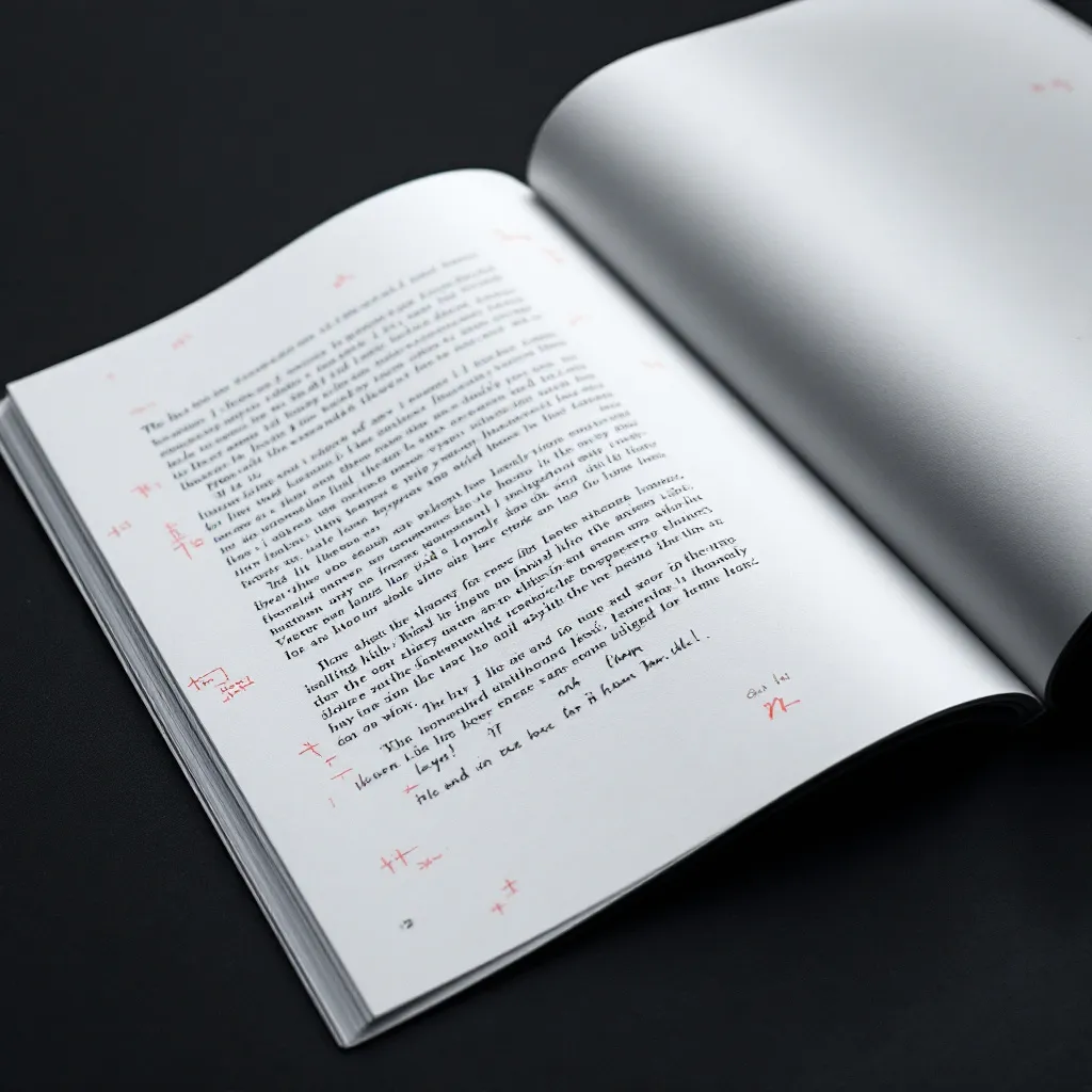 An open book with printed text and handwritten red annotations and markings throughout the pages, showing editing work in progress