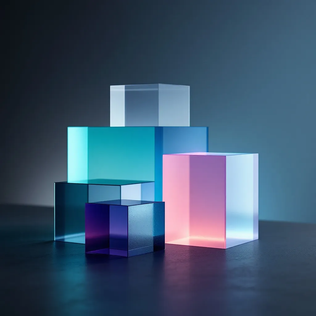 Translucent glass cubes of varying sizes arranged in a stepped formation, illuminated from within with cyan, pink, and purple glowing light