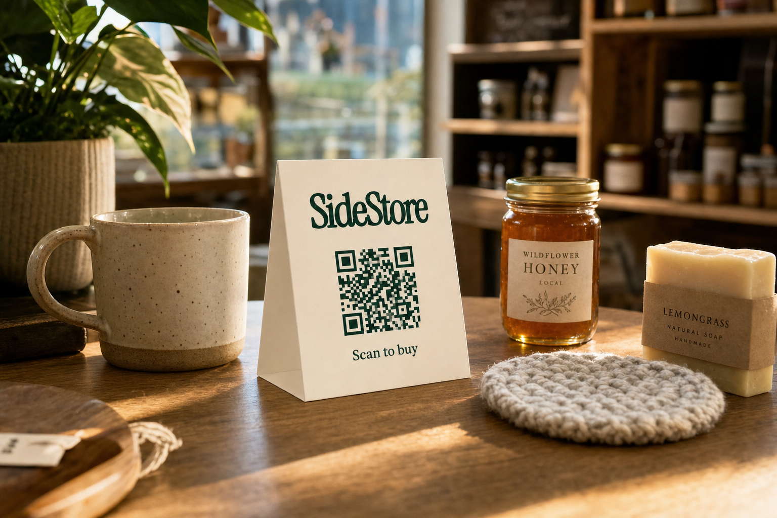 A wooden table displays a beige tent card labeled 
