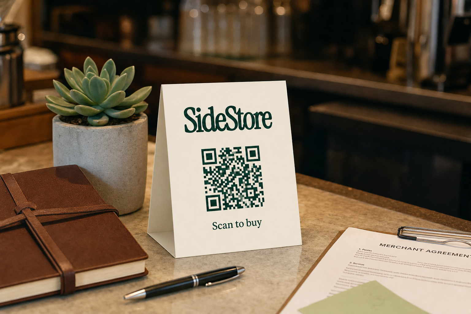 A white tent card on a wooden counter displays 