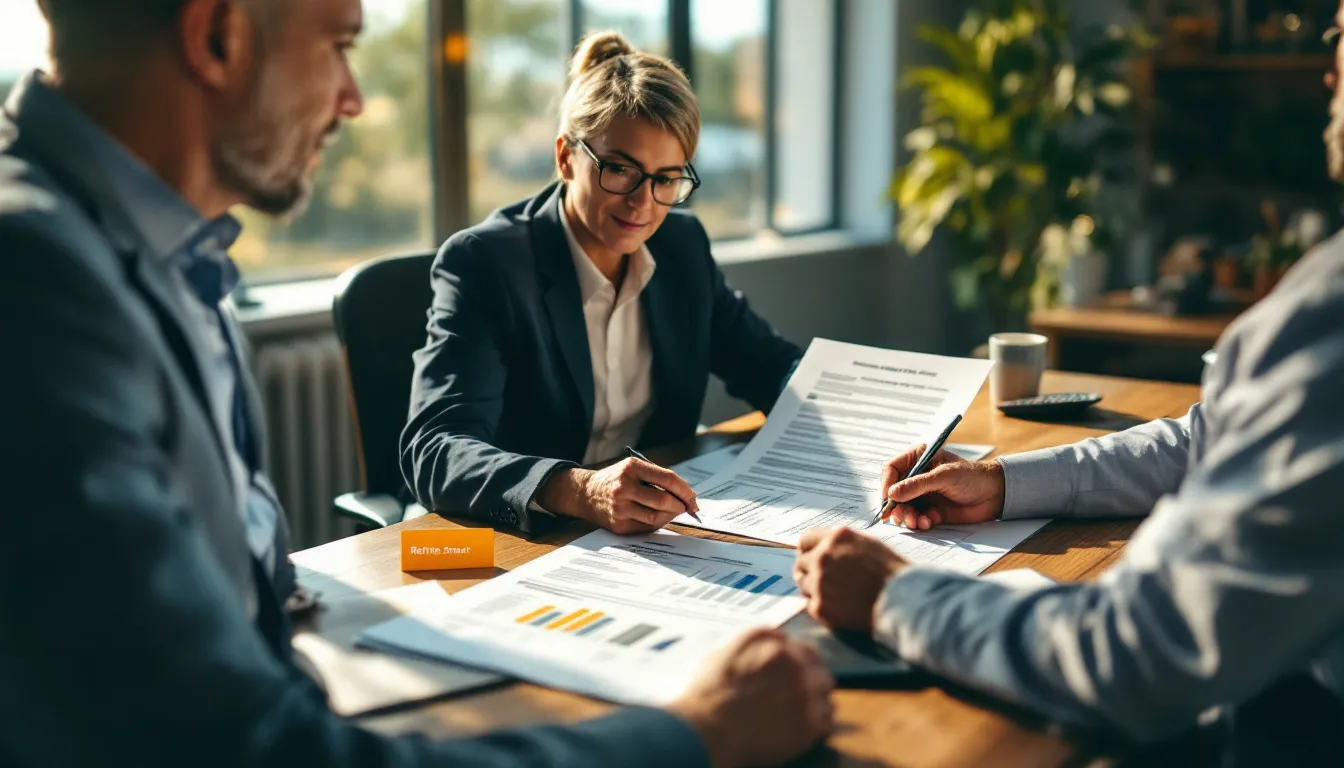 Three business professionals review financial documents and charts at a wooden table in a bright office with plants and windows in the background