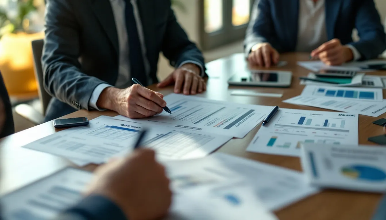 Business professionals in suits review financial documents and charts with data visualizations spread across a wooden table during a meeting