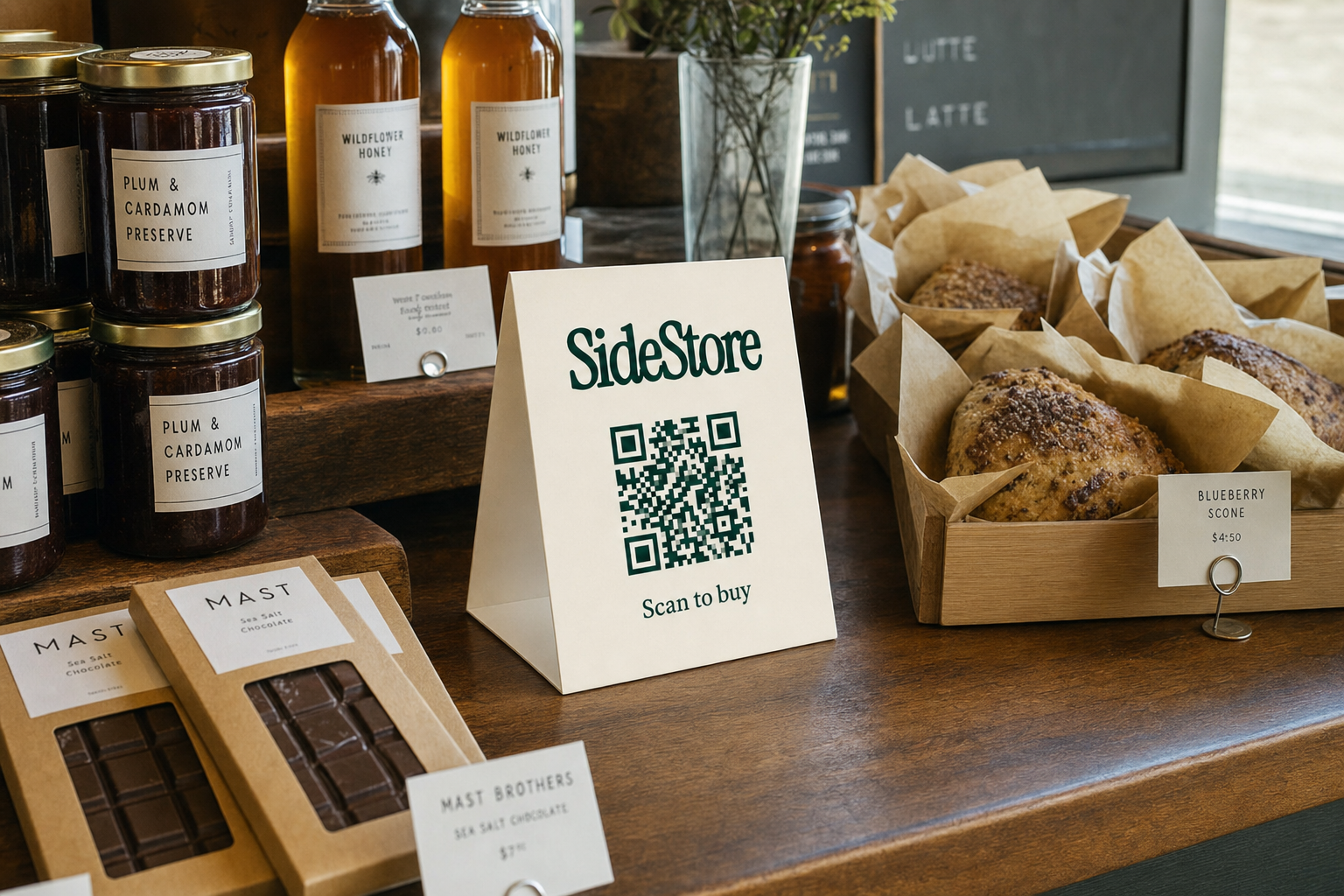 A wooden counter displays artisanal products including jars of plum and cardamom preserve, bottles of wildflower honey, packaged chocolates,