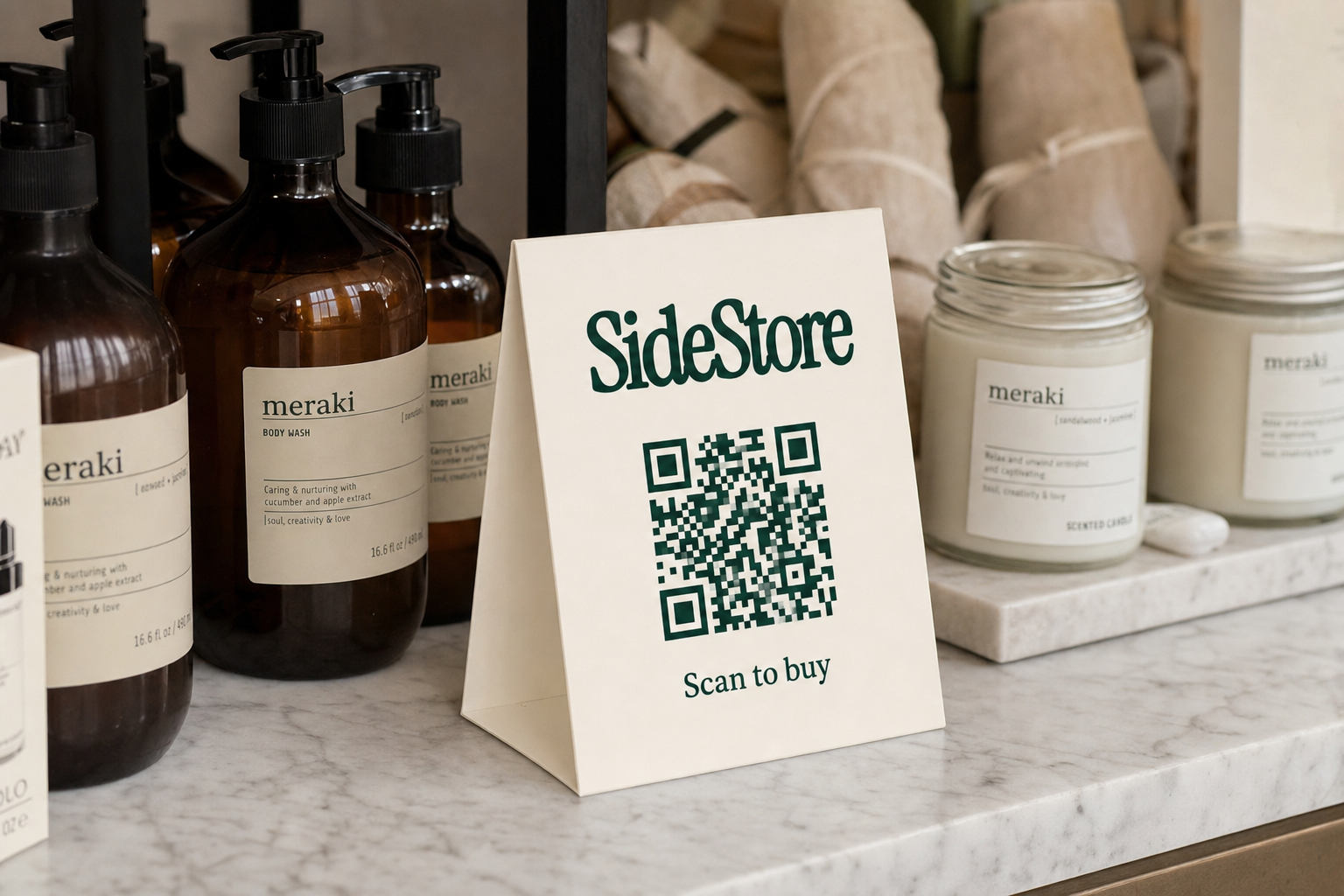A SideStore promotional card with a QR code sits on a marble counter surrounded by dark glass bottles of Meraki body wash and clear glass ja