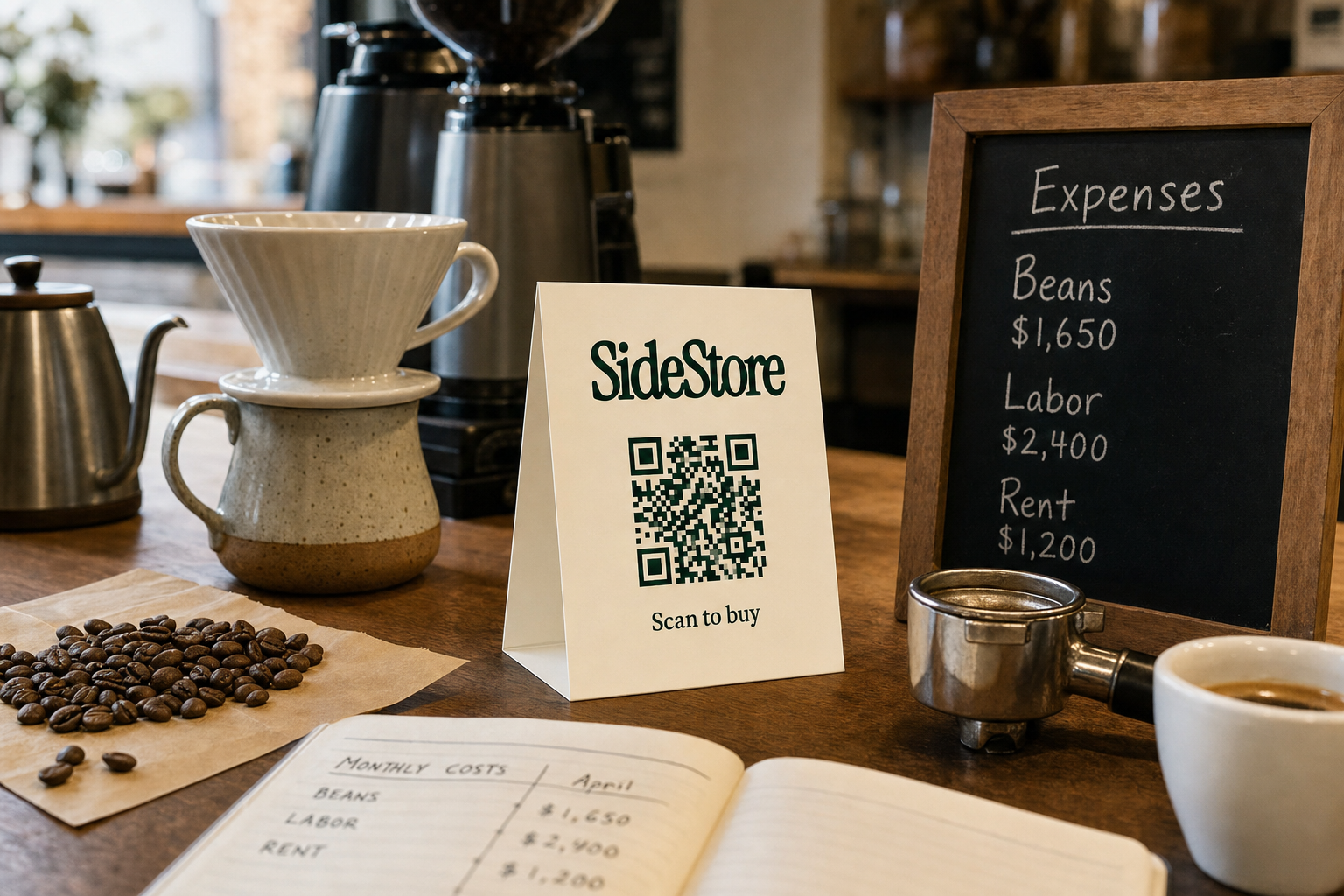 SideStore tent card on café counter surrounded by coffee equipment, cost breakdown materials, and beans in natural light