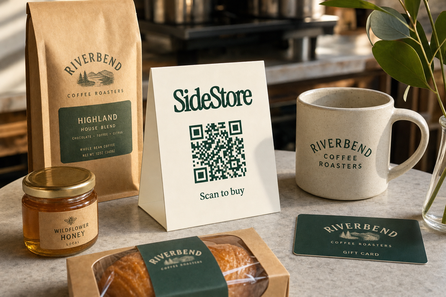 SideStore tent card on café table displaying multiple revenue stream products including coffee, mugs, pastries, and gifts