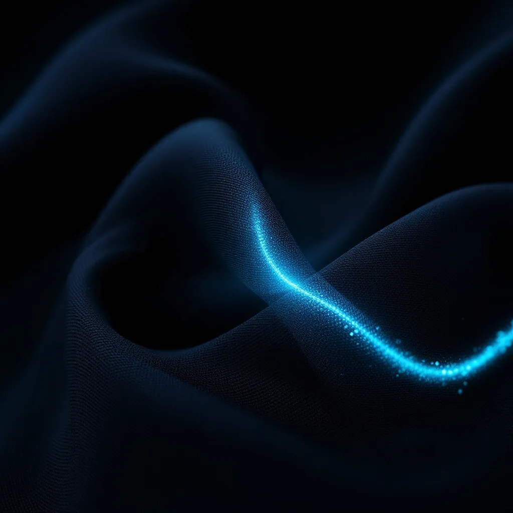 Abstract flowing waves of dark blue fabric with bright blue glowing light tracing along the curves