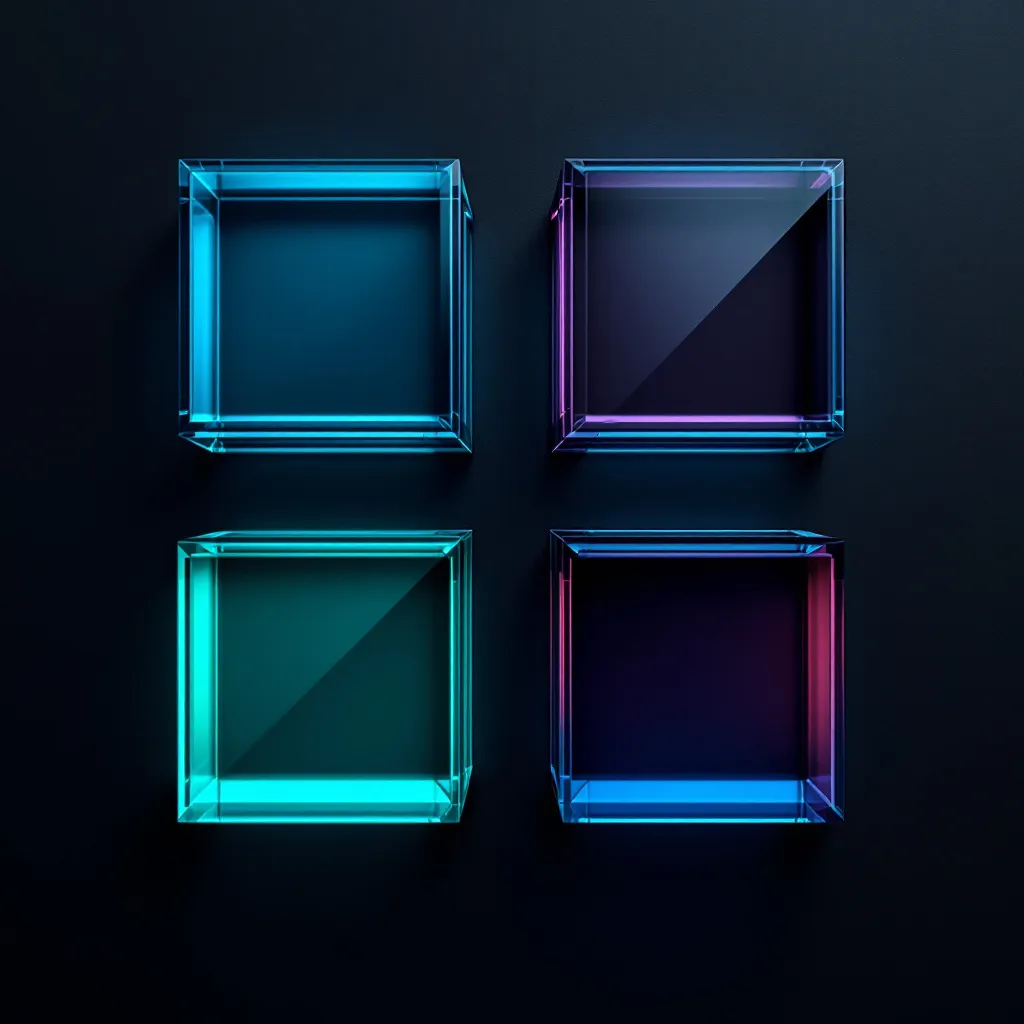 Four glowing neon cube frames arranged in a grid against a dark background, with cyan, blue, and magenta colored edges