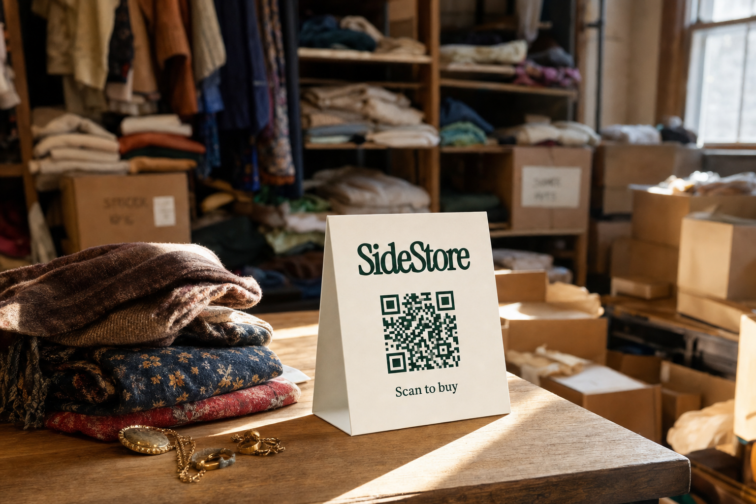 Overstocked boutique storage room with folded tent card and unsold inventory piled on shelves