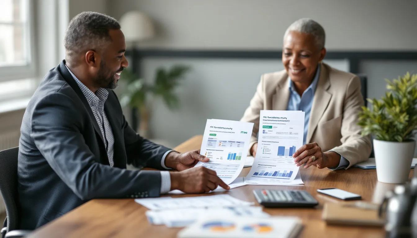 Two professionals review financial documents with charts and graphs at a wooden desk in a bright office setting